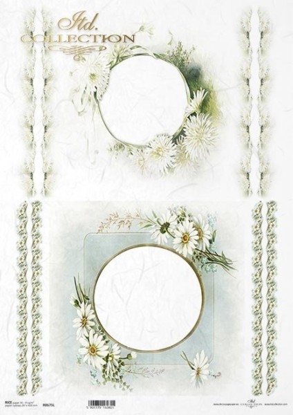Reispapier für Decoupage - Blumenrahmen weiß - A3