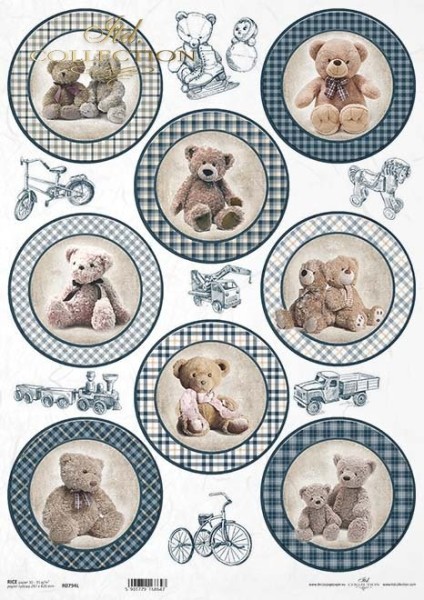 Reispapier für Decoupage - Teddys im Kreis blau - A3