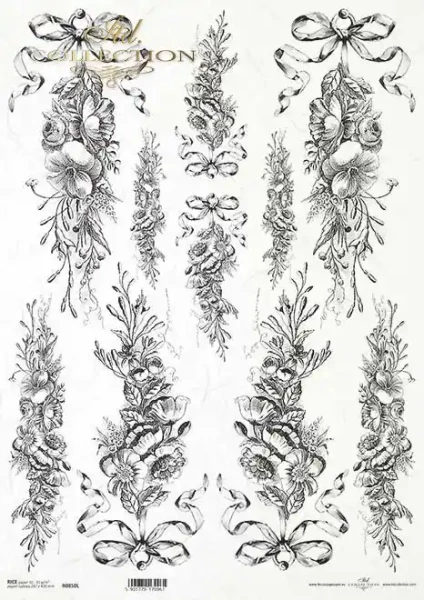 Reispapier für Decoupage - Schleifen u. Blüten, schwarz - A3