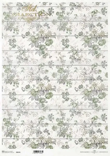 Reispapier für Decoupage - Vintage Tapetenmuster Blume grün - A3